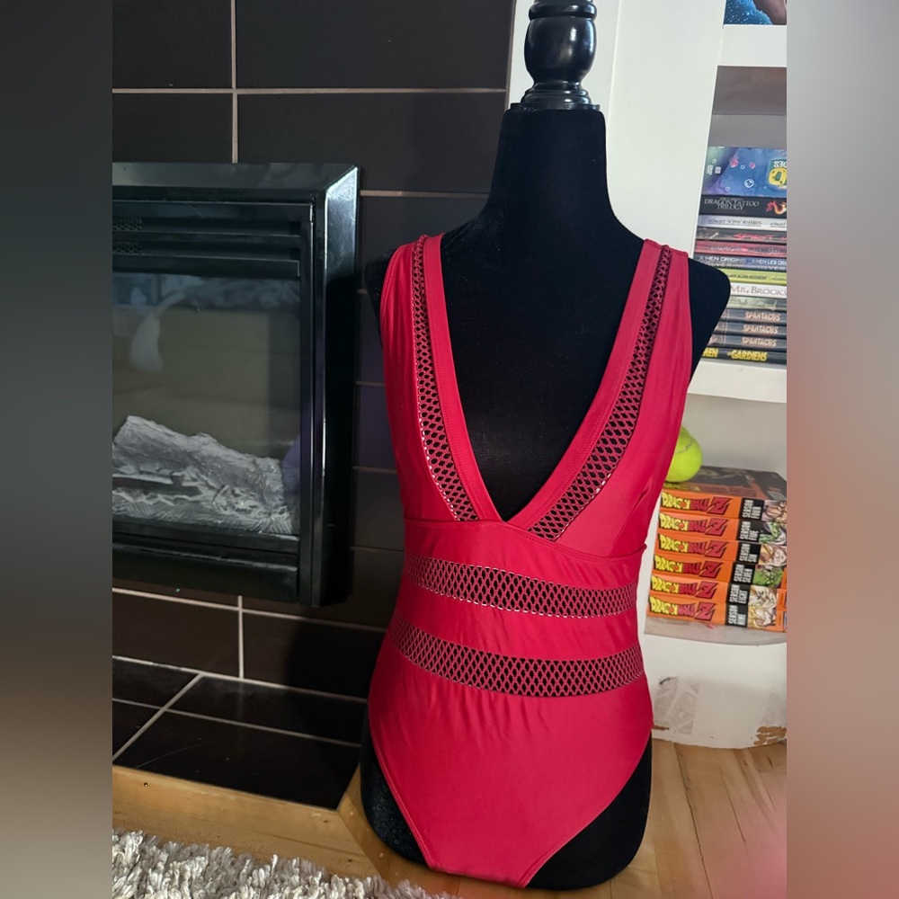 SHEIN Red Mesh V-Neck Swimsuit